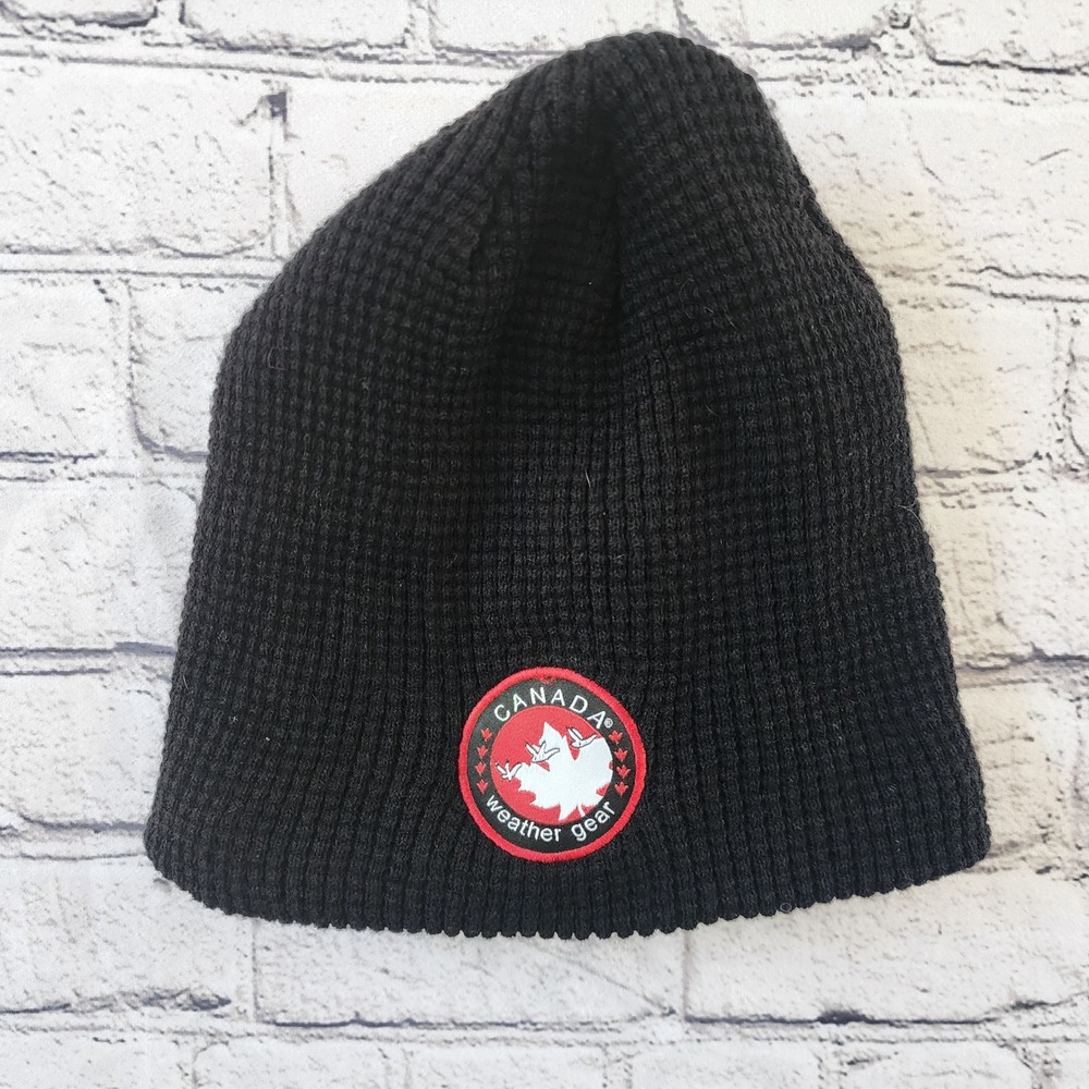 Canada Weather Gear Mens Black Waffle Knit Fleece Lined Beanie Hat